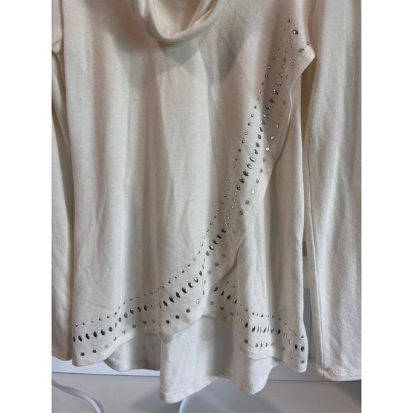 Belldini Small White Cowl Neck Top Embellished Glam Soft Stretch Knit Sweater - Picture 3 of 11